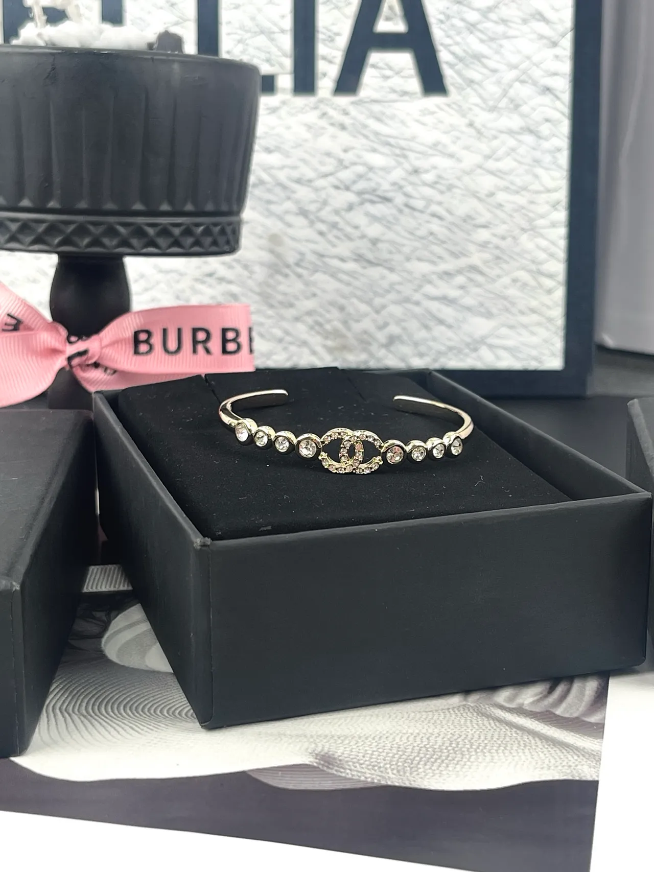 Chanel CC Crystal Cuff Gold-Tone Pink and Clear Crystal Bracelet 5