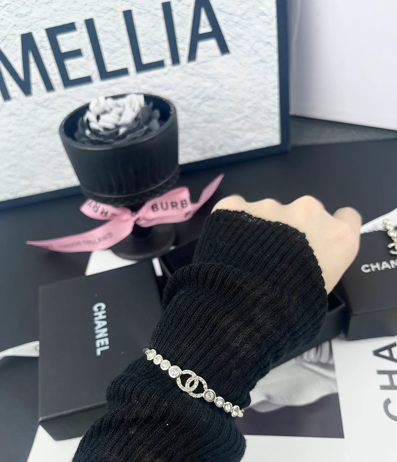 Chanel CC Crystal Cuff Gold-Tone Pink and Clear Crystal Bracelet 6