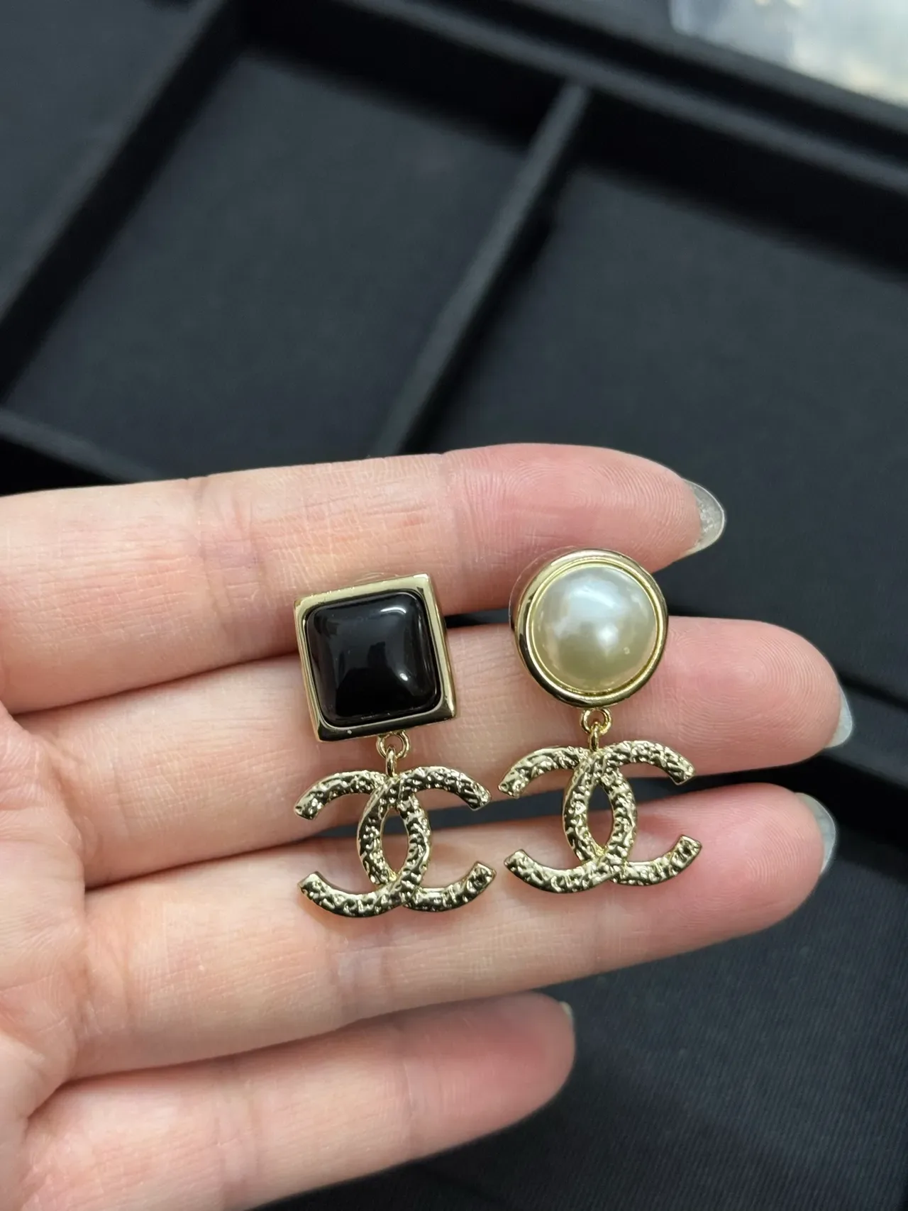 Chanel CC Drop Black Gold Asymmetrical Textured Logo Earrings 2