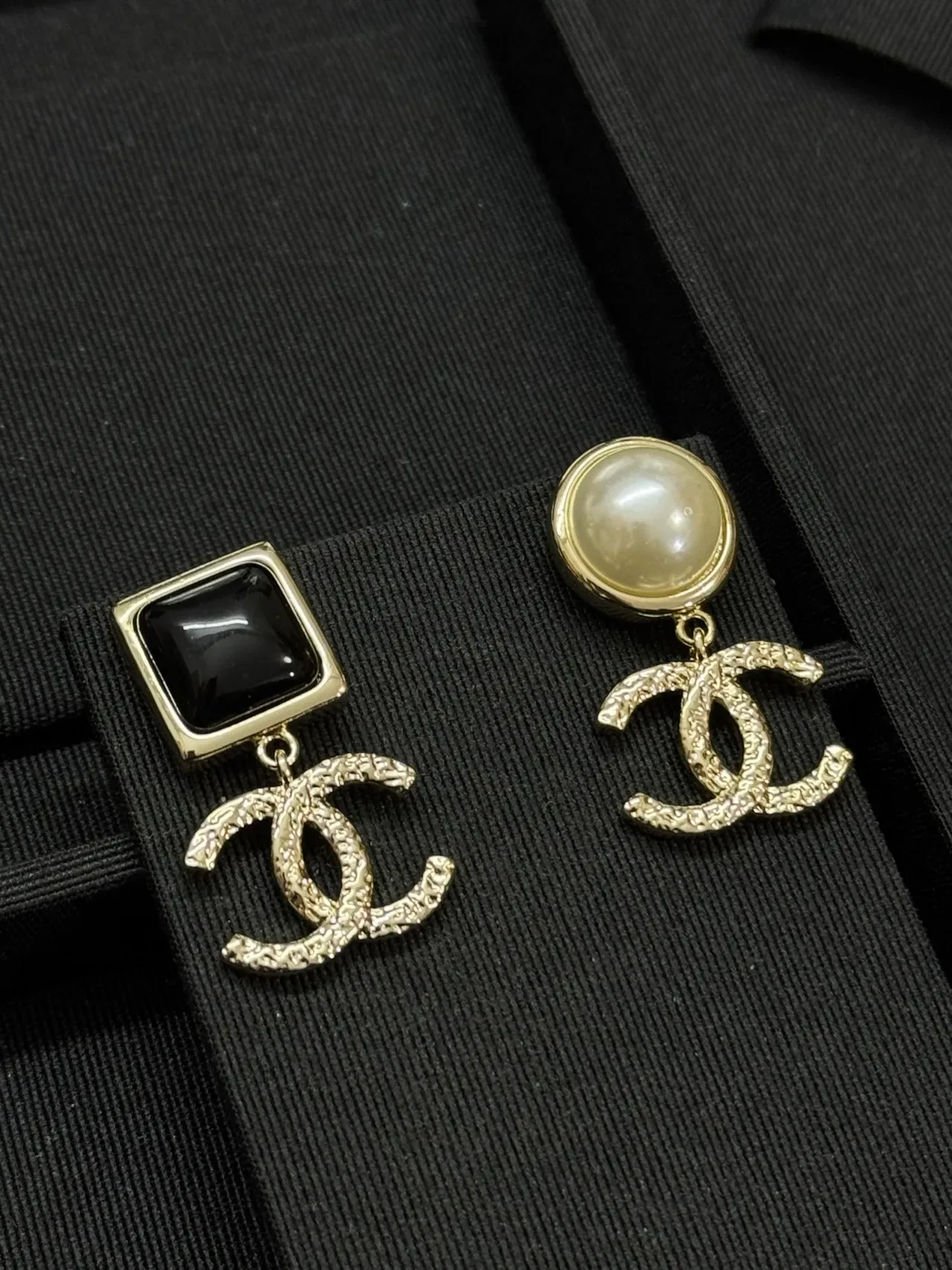 Chanel CC Drop Black Gold Asymmetrical Textured Logo Earrings 4