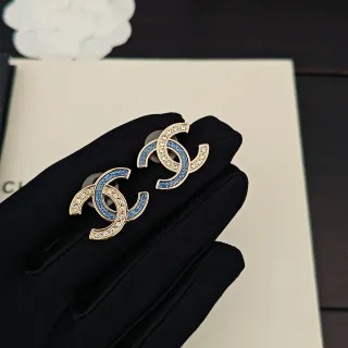 Chanel CC Gold Blue Interlocking Logo Metal Earrings