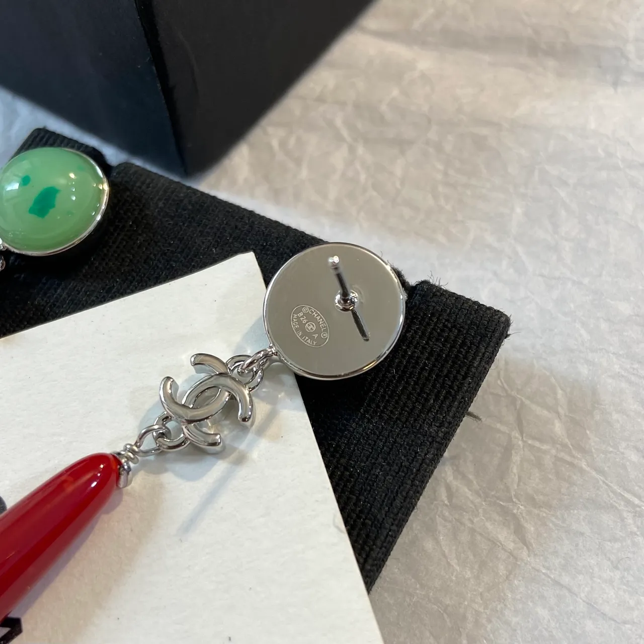 Chanel CC Logo Green Cabochon Red Teardrop Drop Earrings 2