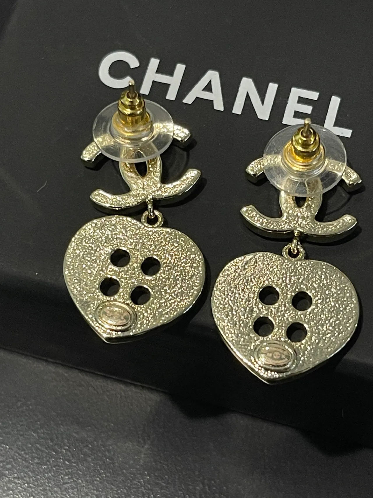 Chanel CC Logo Heart Button Crystal Dangling Earrings 3