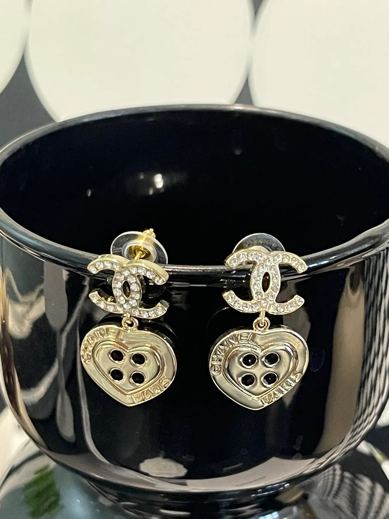 Chanel CC Logo Heart Button Crystal Dangling Earrings 6