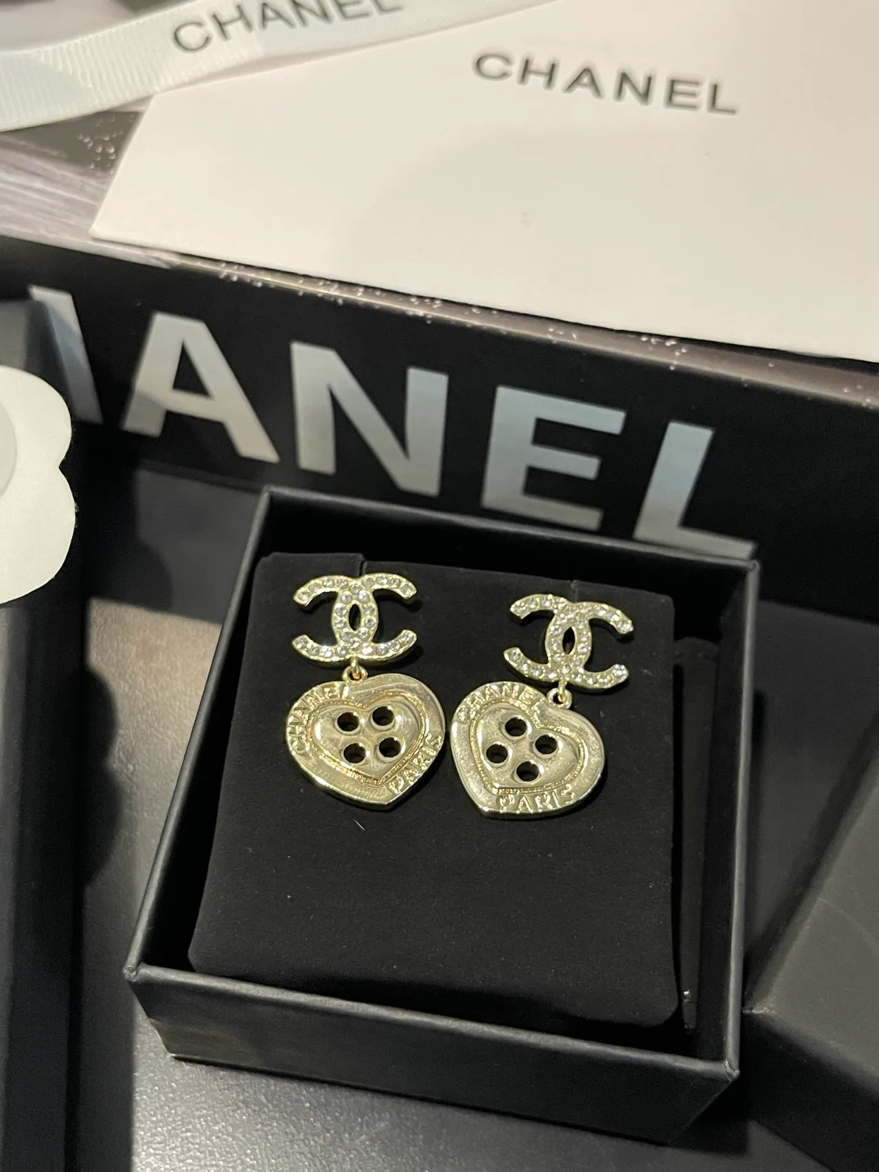 Chanel CC Logo Heart Button Crystal Dangling Earrings 9