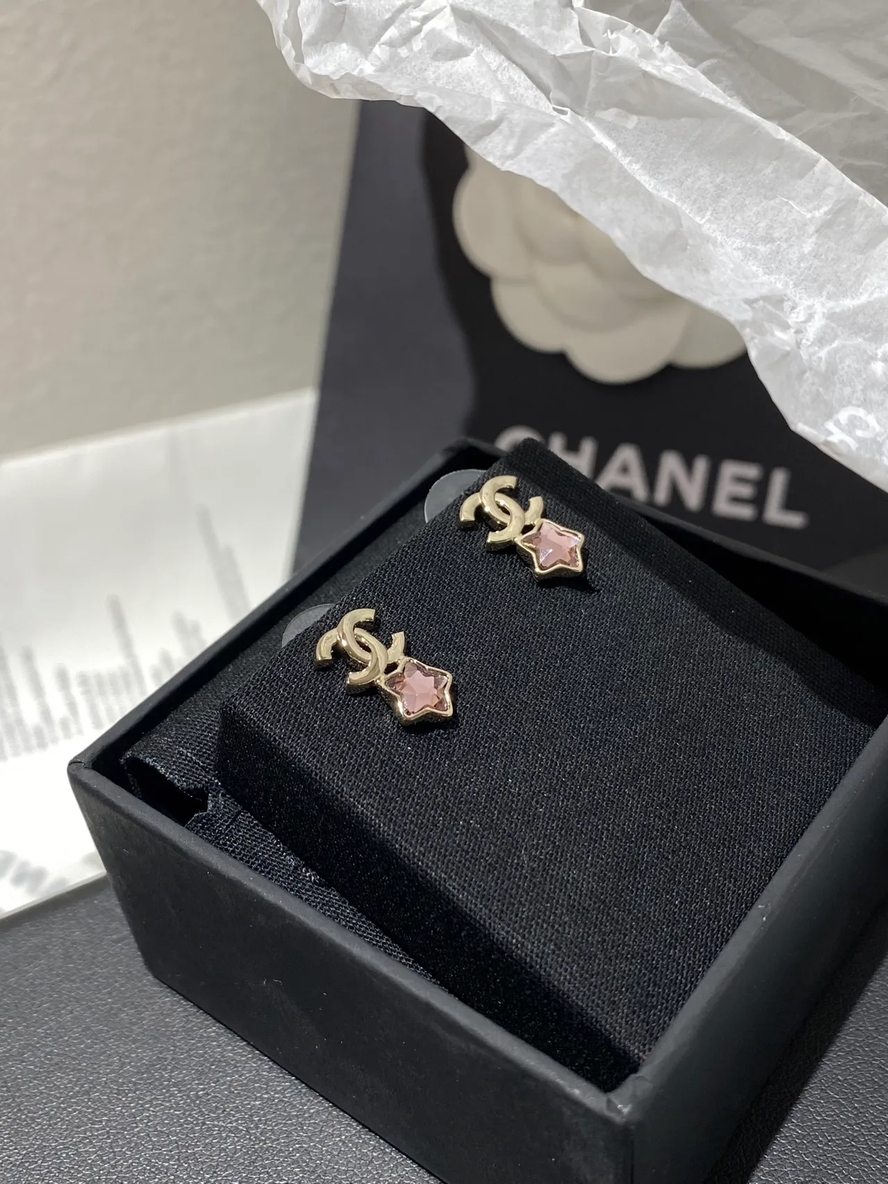 Chanel CC Logo Star Crystal Gold Pink Faceted Boucles d'oreilles 6