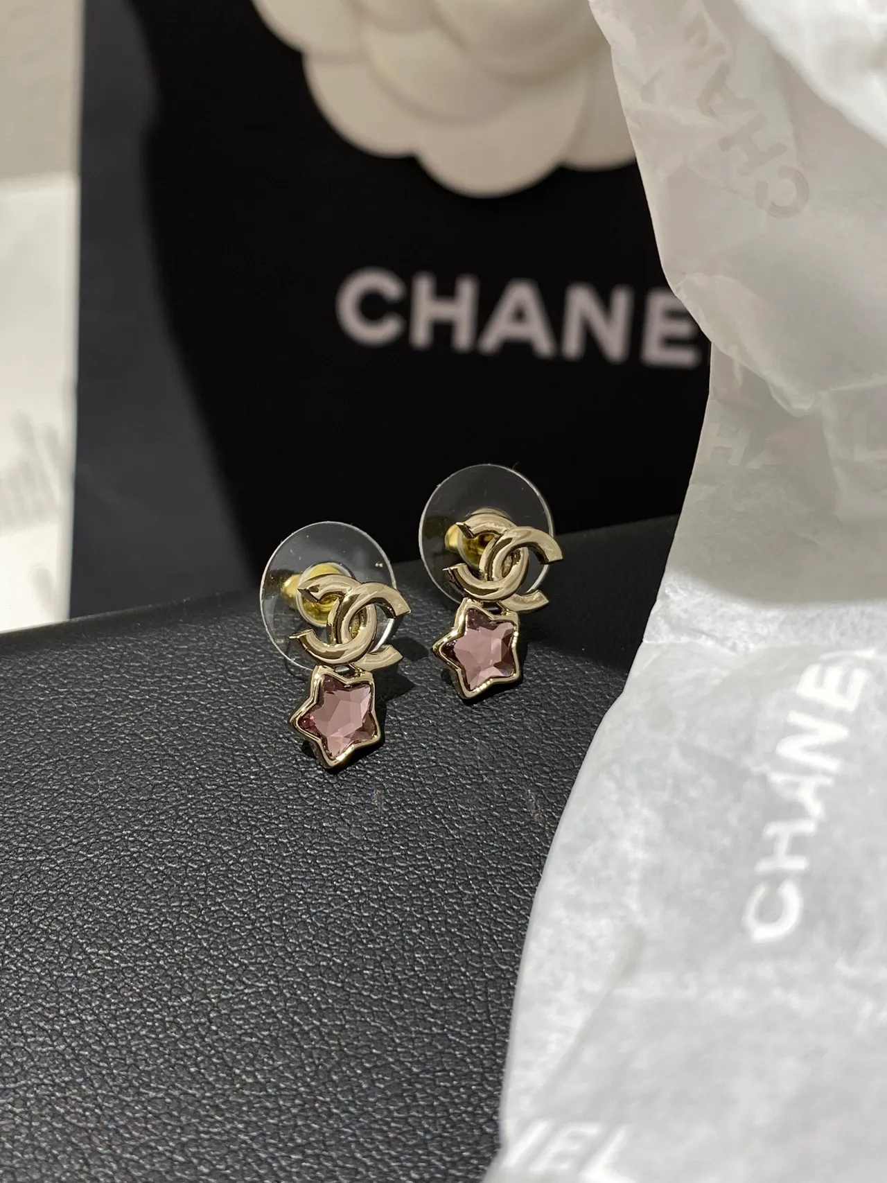 Chanel CC Logo Star Crystal Gold Pink Faceted Boucles d'oreilles 7