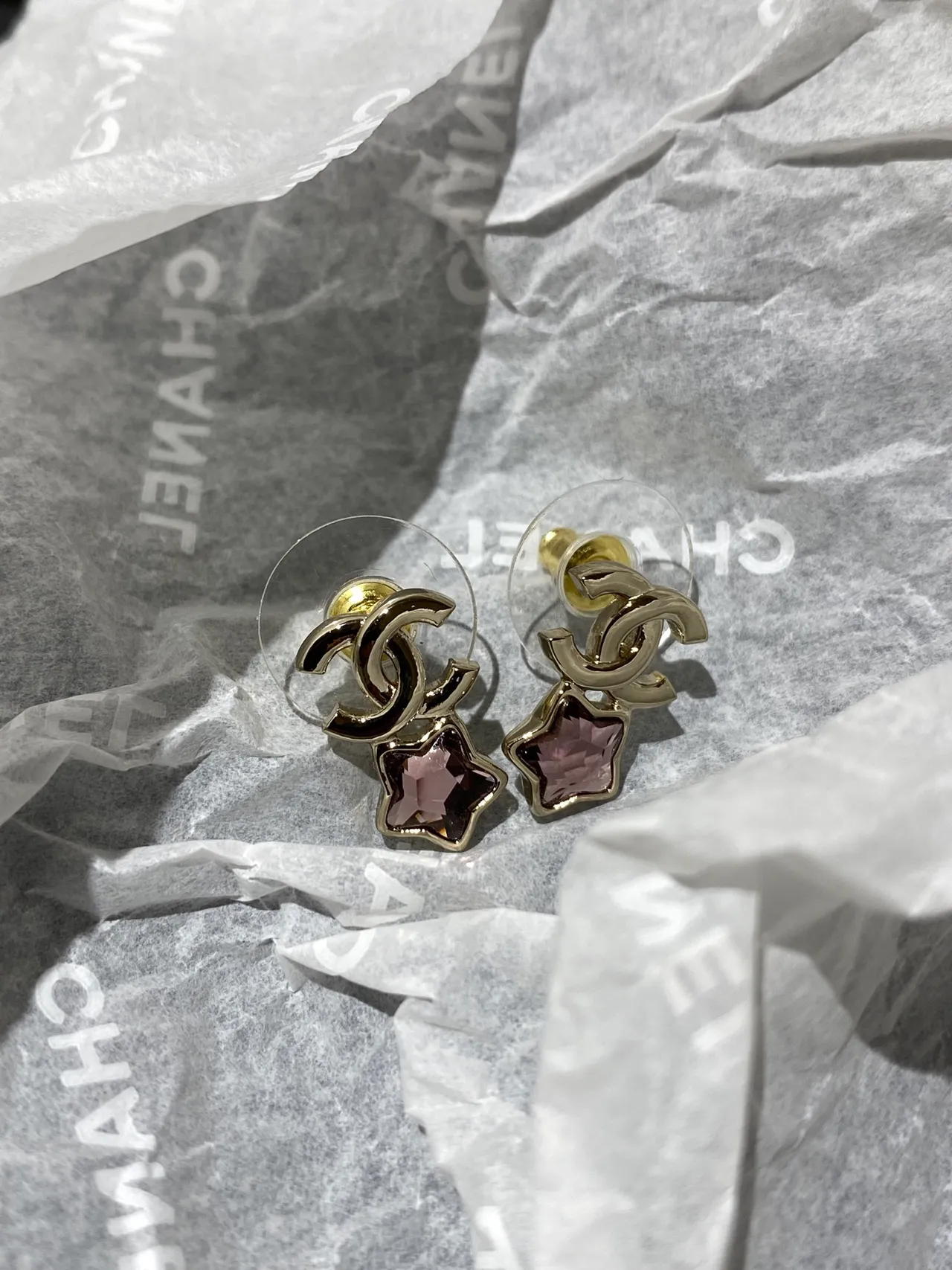 Chanel CC Logo Star Crystal Gold Pink Faceted Boucles d'oreilles 8