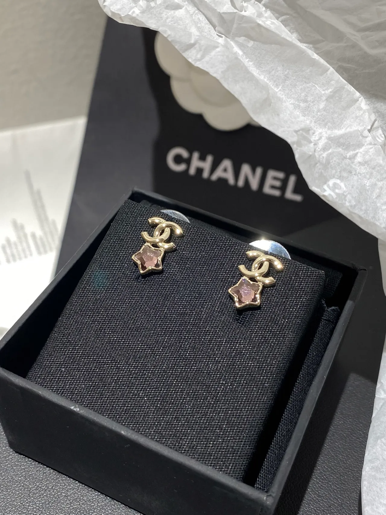 Chanel CC Logo Star Crystal Gold Pink Faceted Boucles d'oreilles 9