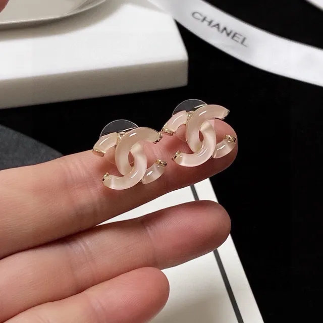 Chanel CC Logo Stud Pink Gold Interlocking Translucent Resin Earrings 3