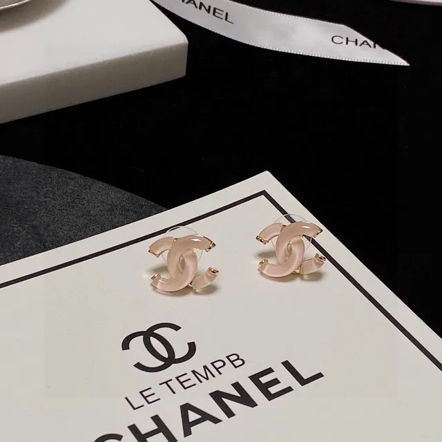 Chanel CC Logo Stud Pink Gold Interlocking Translucent Resin Earrings 5