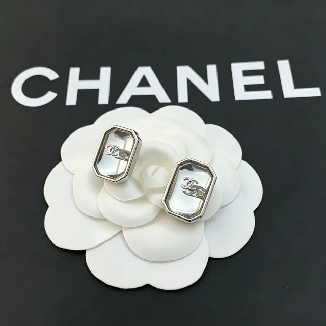 Chanel CC Logo Stud Silver White Octagonal Bezel Interlocking Earrings 1