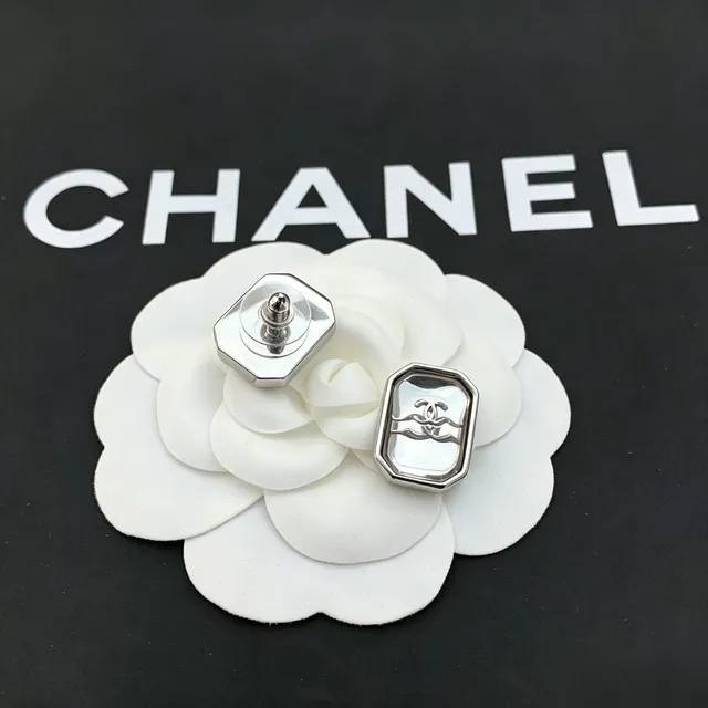Chanel CC Logo Stud Silver White Octagonal Bezel Interlocking Earrings 2