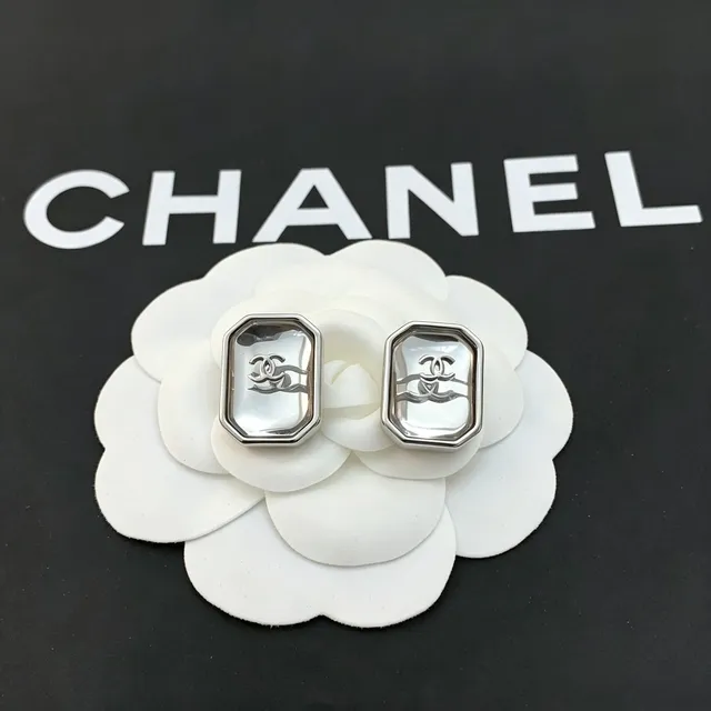 Chanel CC Logo Stud Silver White Octagonal Bezel Interlocking Earrings 3