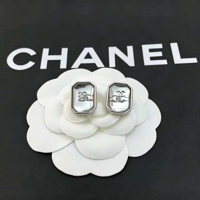 Chanel CC Logo Stud Silver White Octagonal Bezel Interlocking Earrings 4