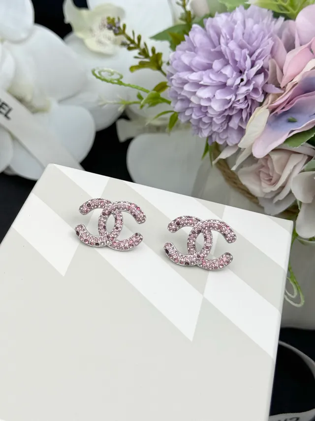 Chanel CC Pink Silver Pavé Crystal Interlocking Logo Earrings 3