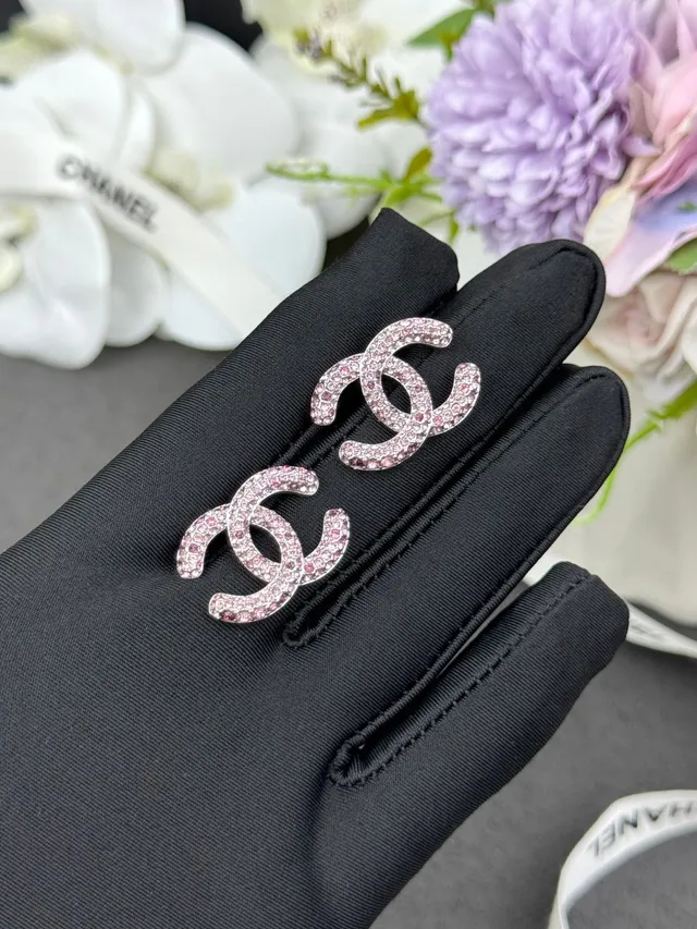 Chanel CC Pink Silver Pavé Crystal Interlocking Logo Earrings 5