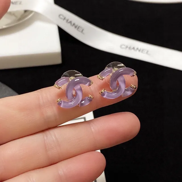 Chanel CC Purple Gold Interlocking Motif Translucent Resin Earrings 3
