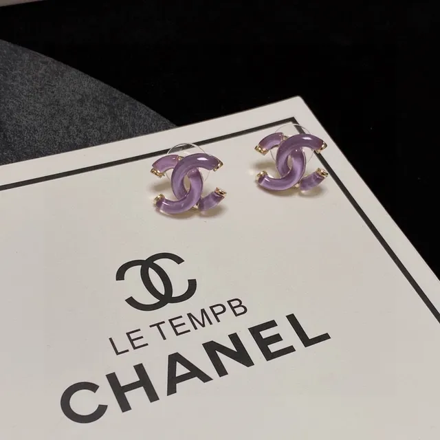 Chanel CC Purple Gold Interlocking Motif Translucent Resin Earrings 4