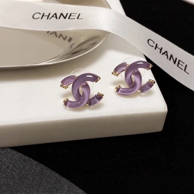 Chanel CC Purple Gold Interlocking Motif Translucent Resin Earrings 5