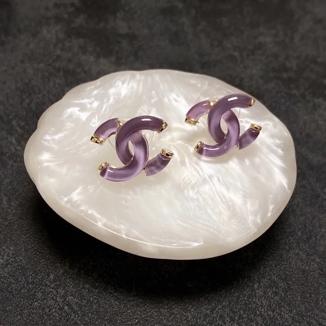 Chanel CC Purple Gold Interlocking Motif Translucent Resin Earrings 7