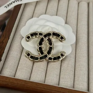 Chanel Chain-Link CC Camellia Brooch Gold Black Logo Leather Inlay Brooch