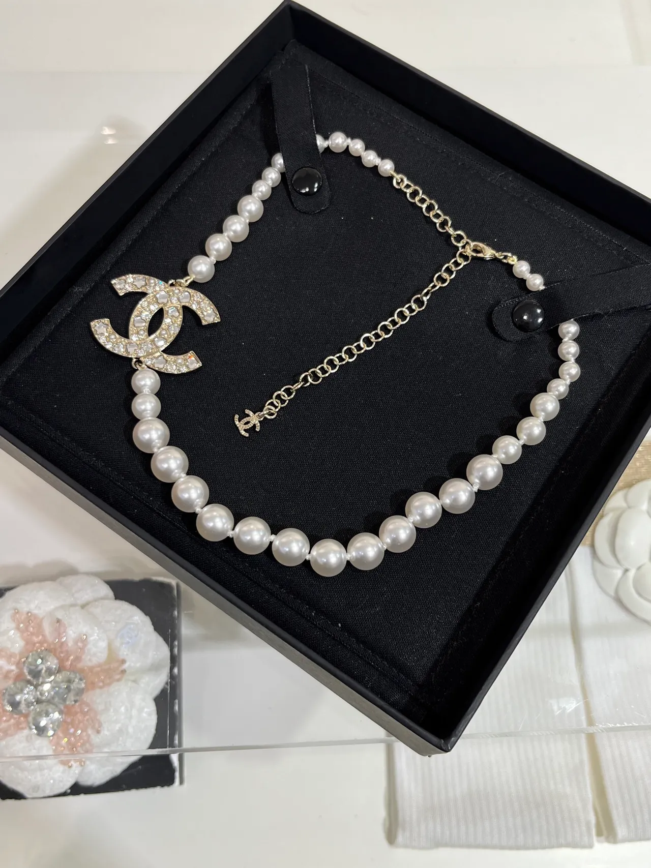 Chanel Classic Pearl Necklace White Silver Strand Crystal-Embellished CC Pendant Necklace 2
