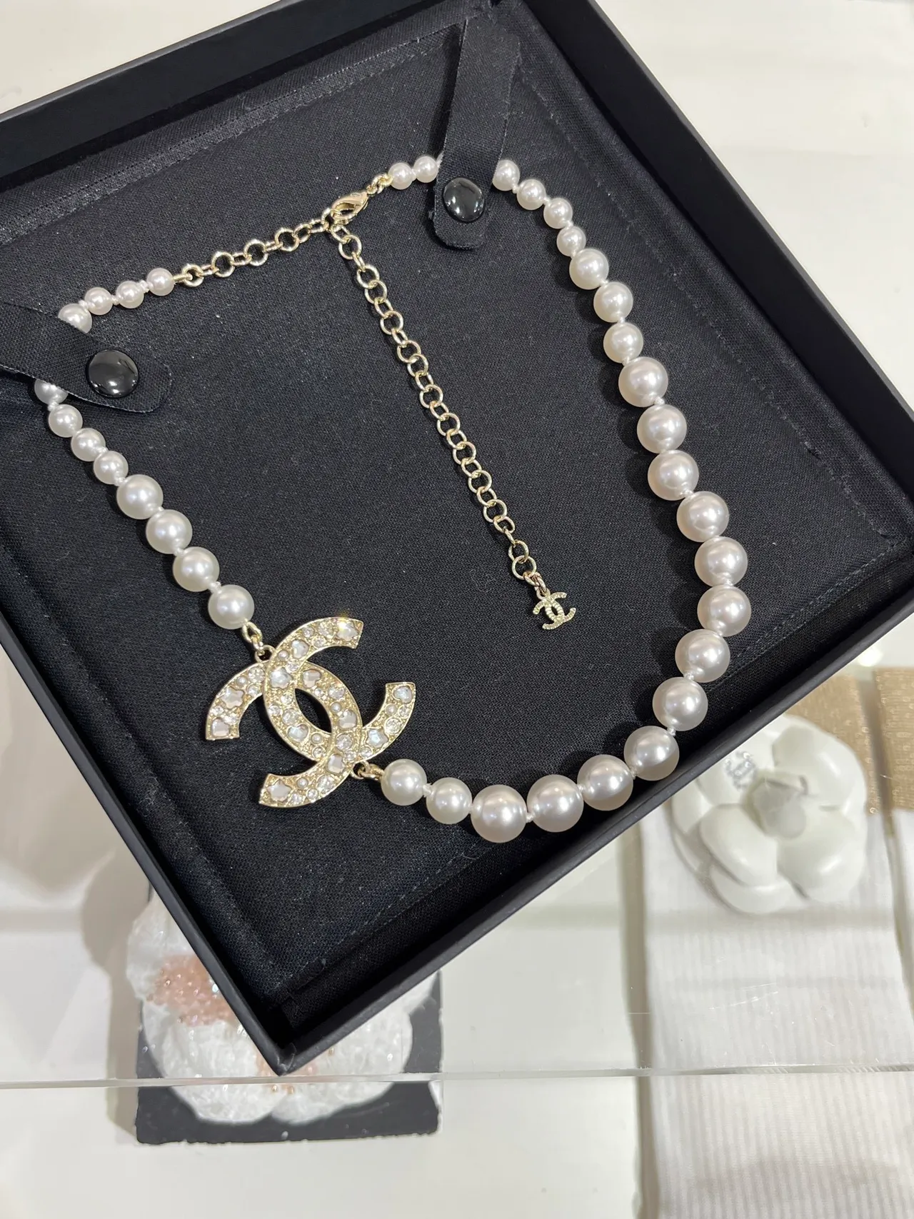 Chanel Classic Pearl Necklace White Silver Strand Crystal-Embellished CC Pendant Necklace 3