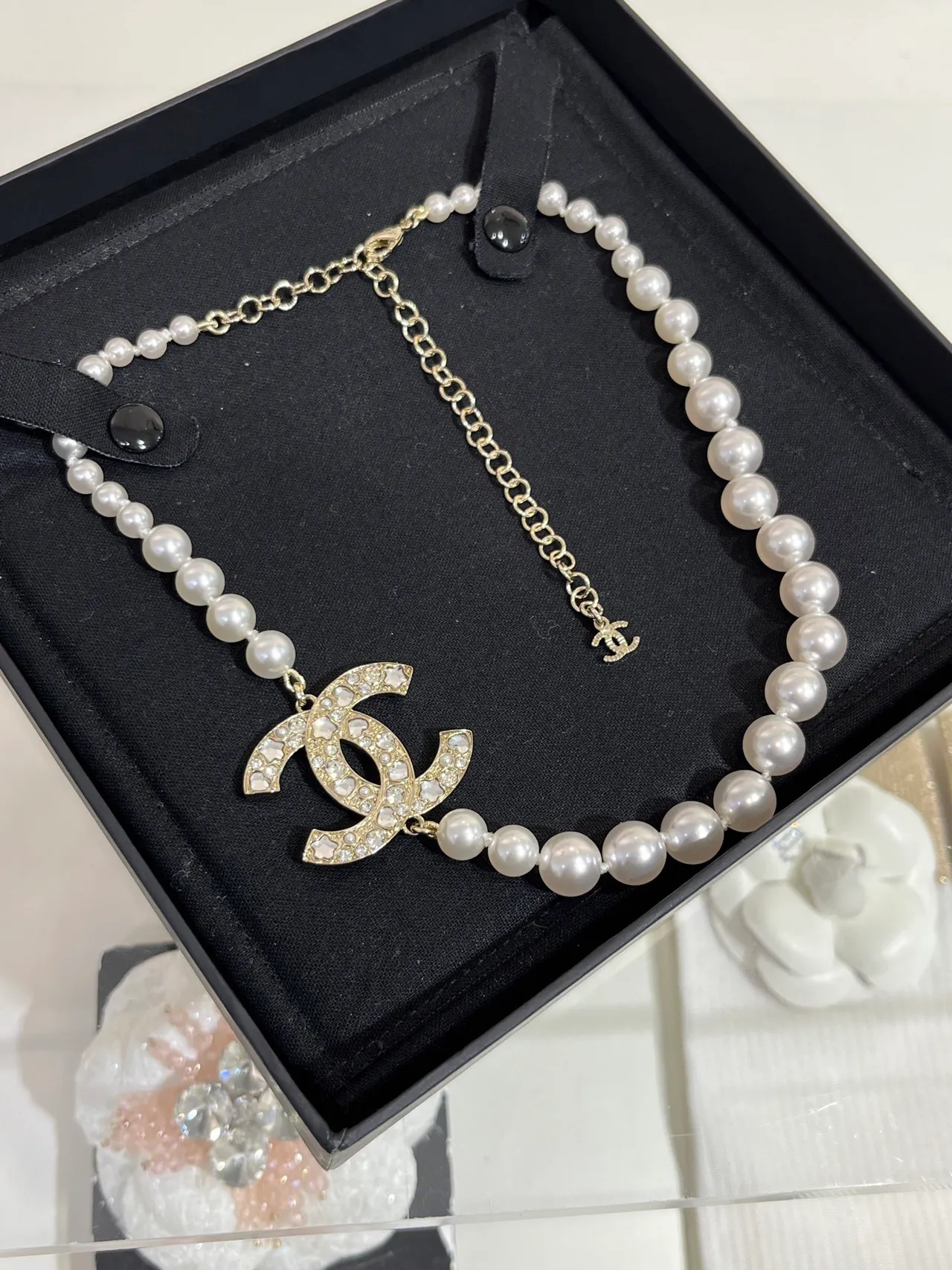Chanel Classic Pearl Necklace White Silver Strand Crystal-Embellished CC Pendant Necklace 4