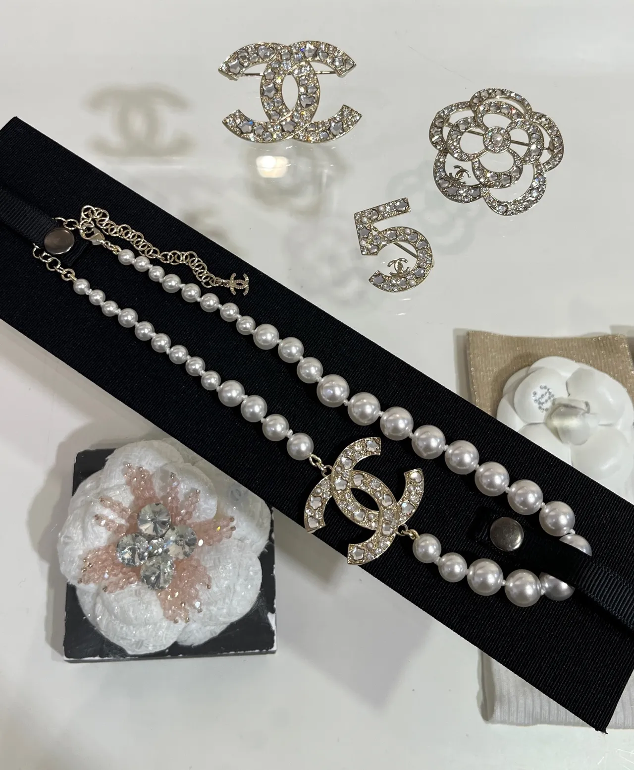 Chanel Classic Pearl Necklace White Silver Strand Crystal-Embellished CC Pendant Necklace 5