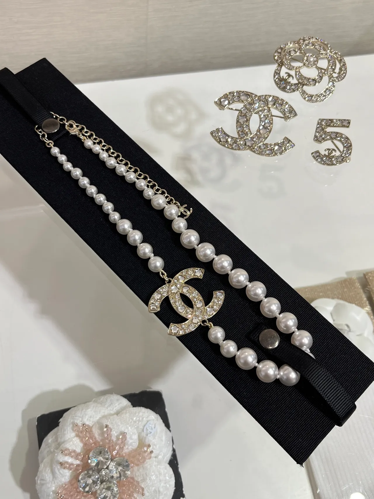 Chanel Classic Pearl Necklace White Silver Strand Crystal-Embellished CC Pendant Necklace 6