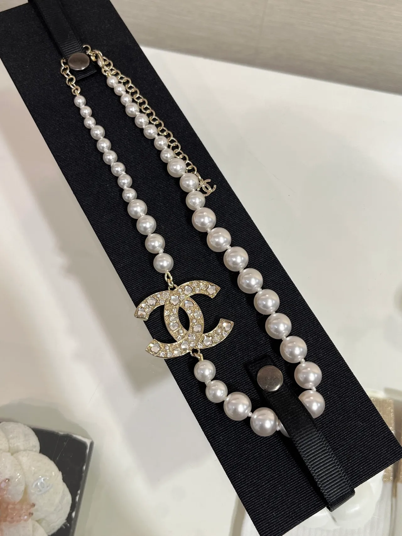 Chanel Classic Pearl Necklace White Silver Strand Crystal-Embellished CC Pendant Necklace 7