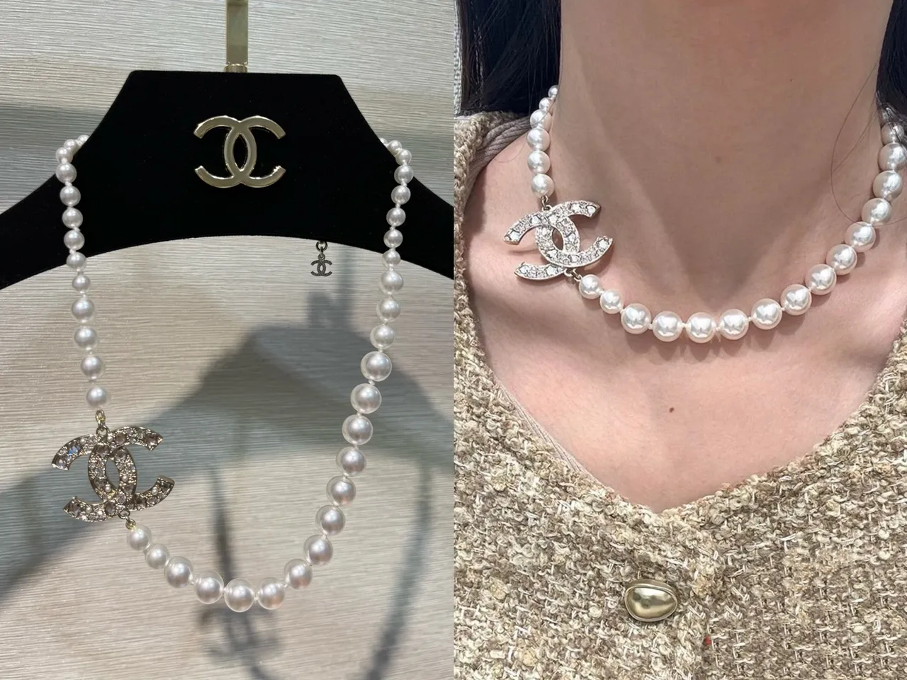 Chanel Classic Pearl Necklace White Silver Strand Crystal-Embellished CC Pendant Necklace 8