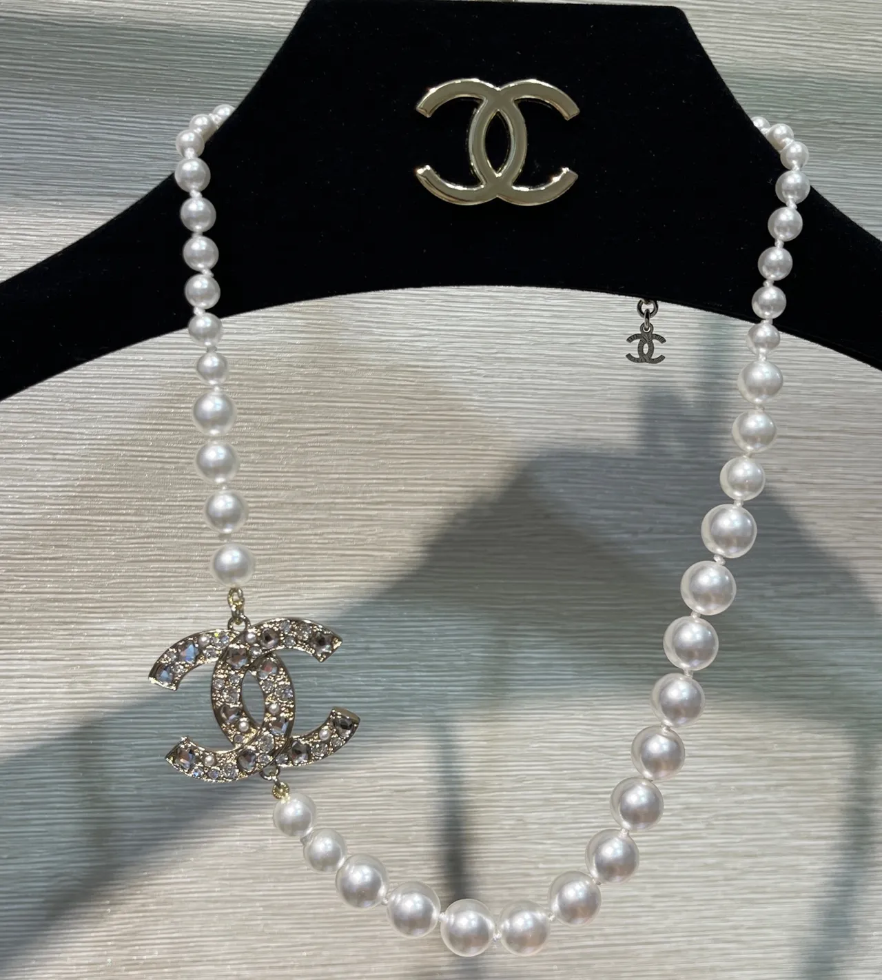 Chanel Classic Pearl Necklace White Silver Strand Crystal-Embellished CC Pendant Necklace 9