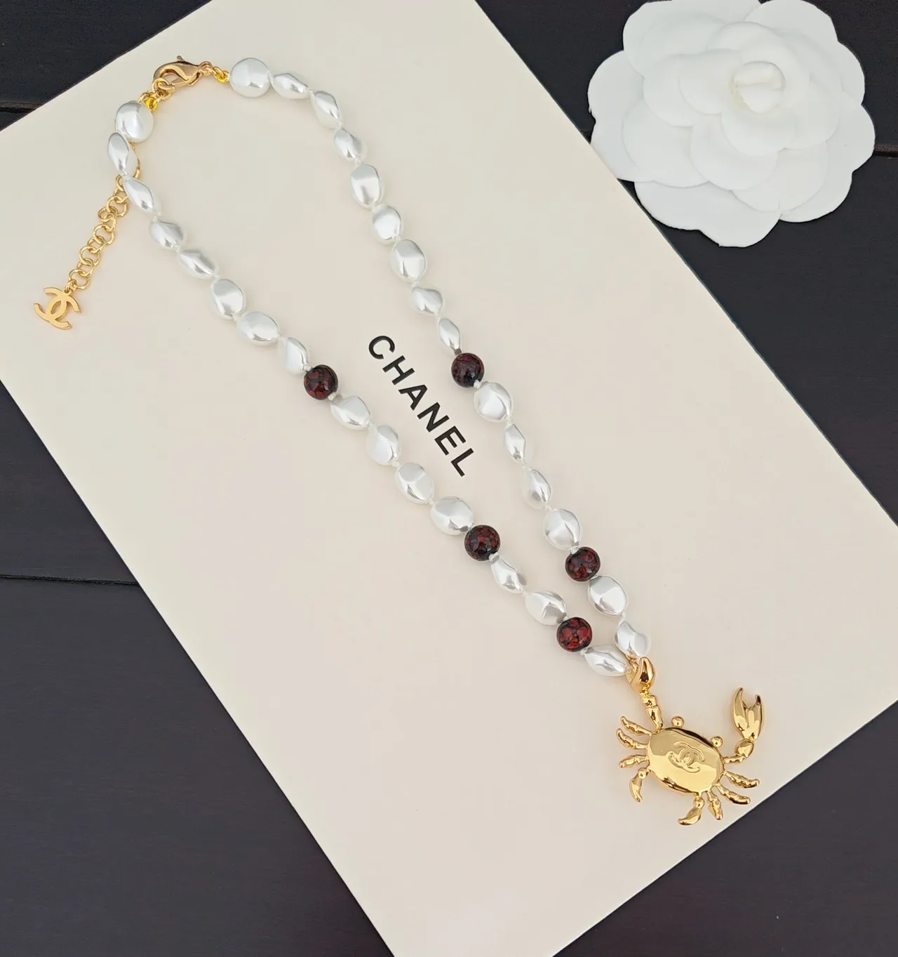 Chanel Crab Necklace White Gold Baroque Pearl Strand Faceted Red Bead Accents Necklace 2