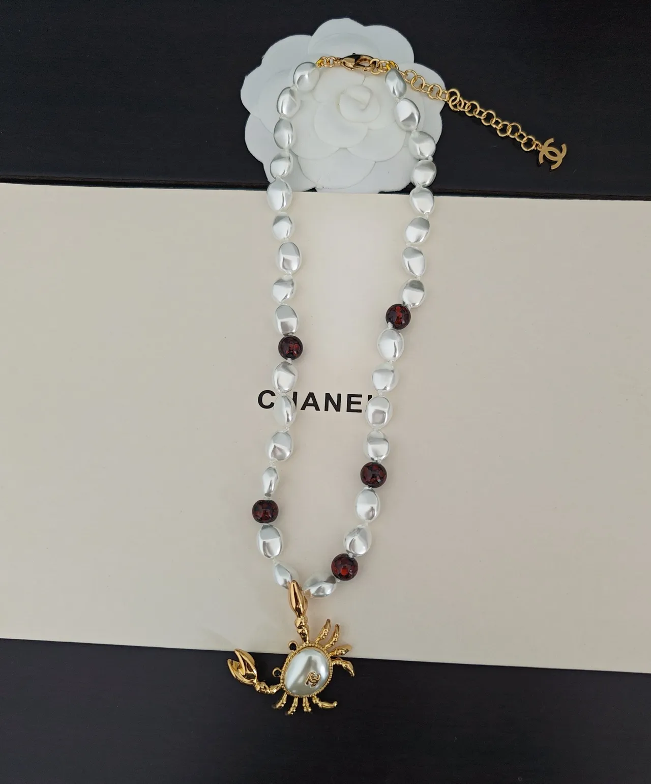 Chanel Crab Necklace White Gold Baroque Pearl Strand Faceted Red Bead Accents Necklace 3