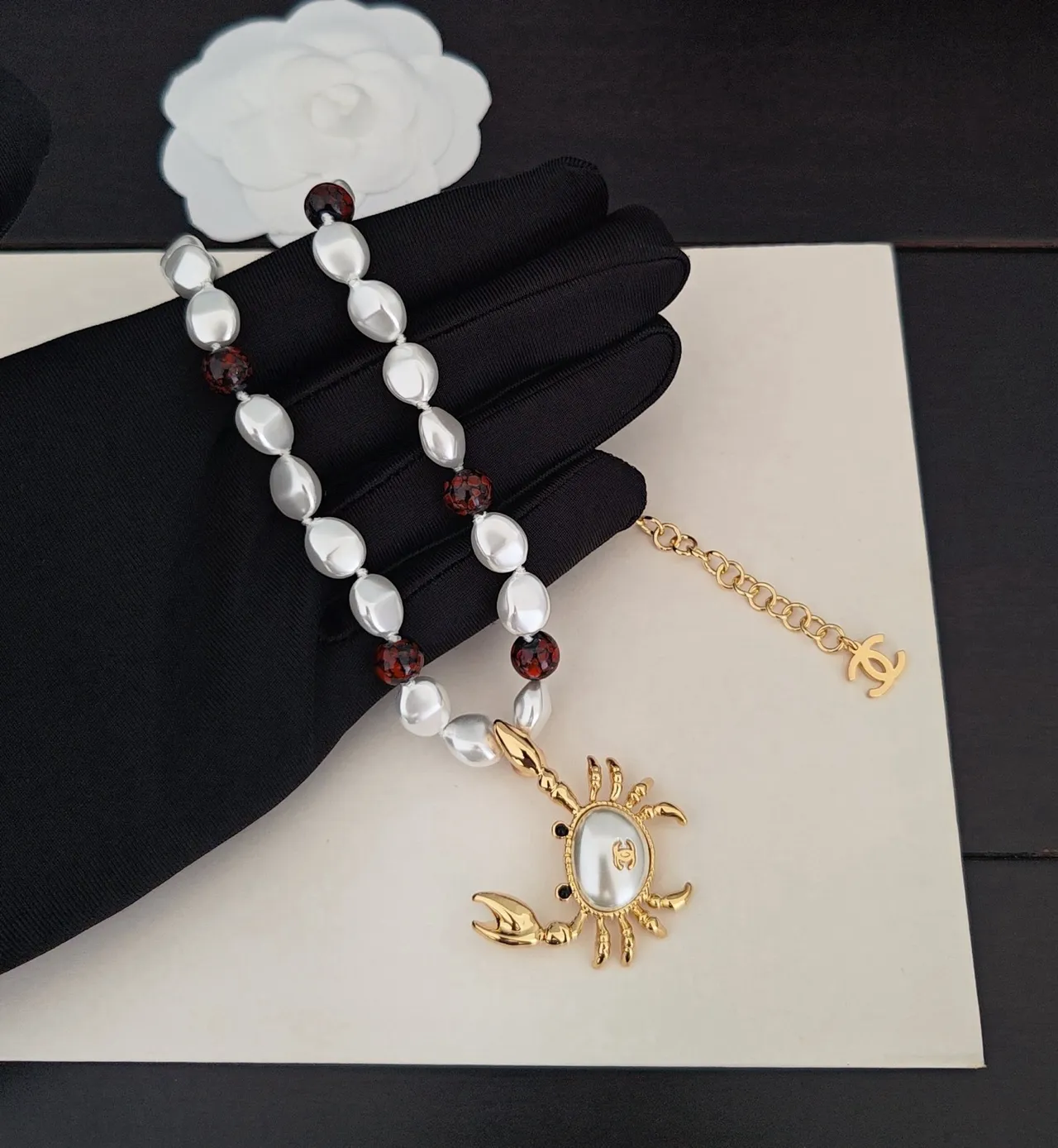 Chanel Crab Necklace White Gold Baroque Pearl Strand Faceted Red Bead Accents Necklace 4