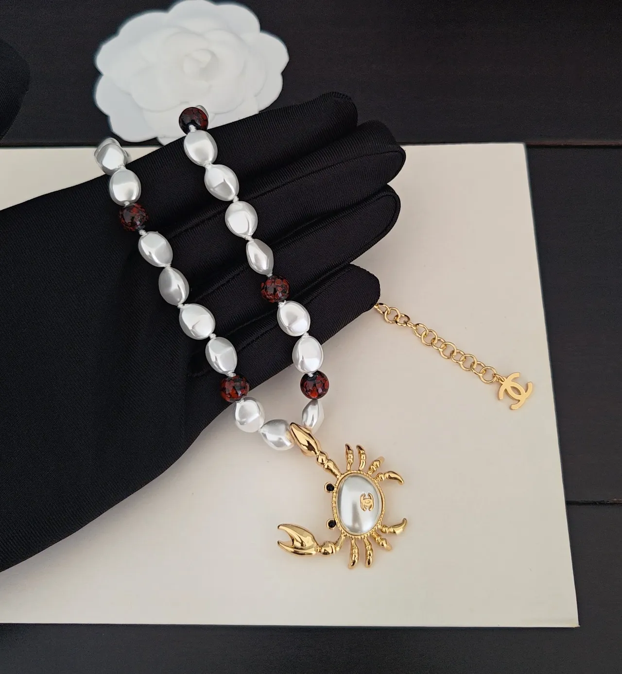 Chanel Crab Necklace White Gold Baroque Pearl Strand Faceted Red Bead Accents Necklace 5