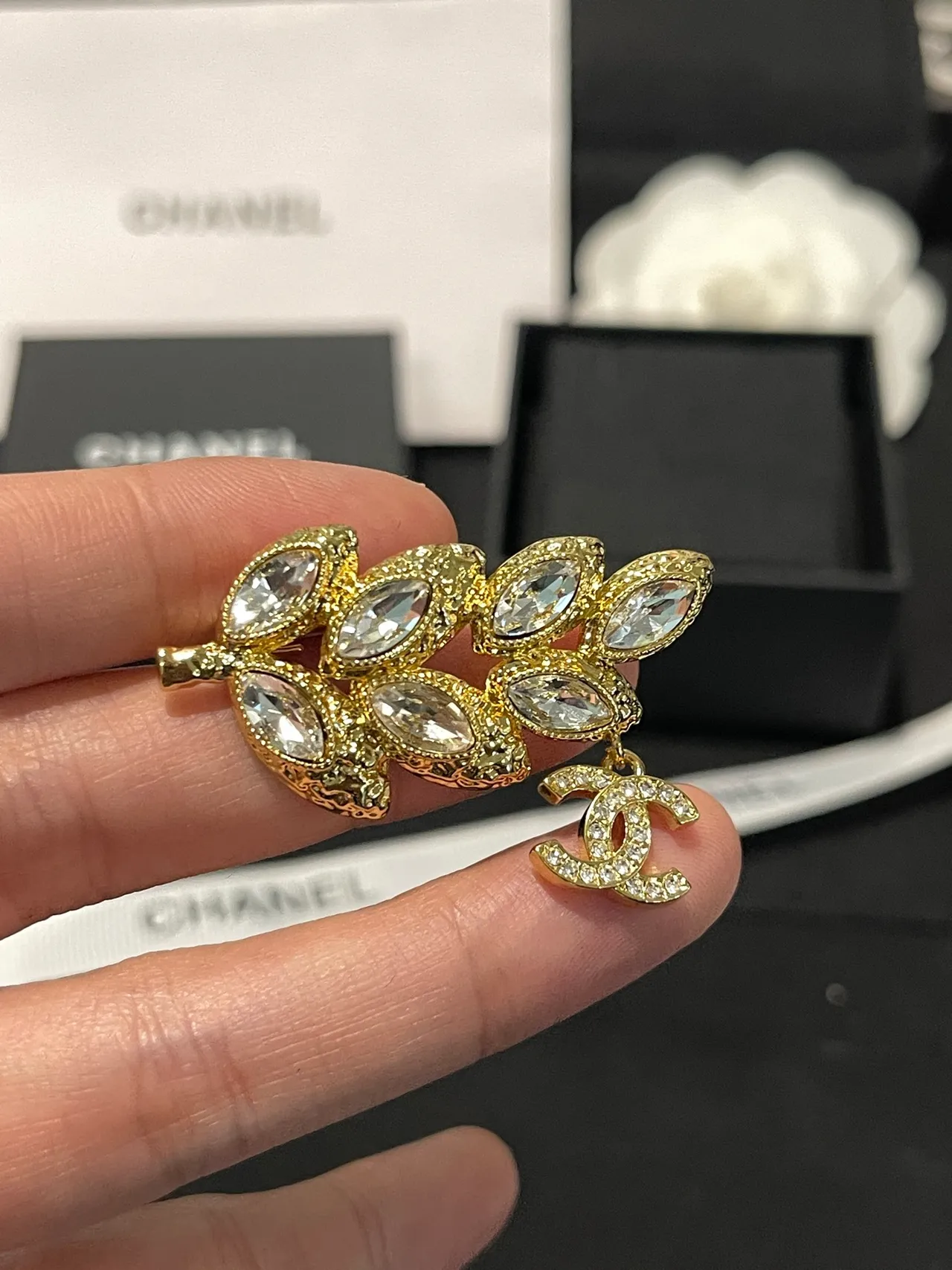 Chanel ক্রিস্টাল পাতা এবং CC Charm Brooch 4