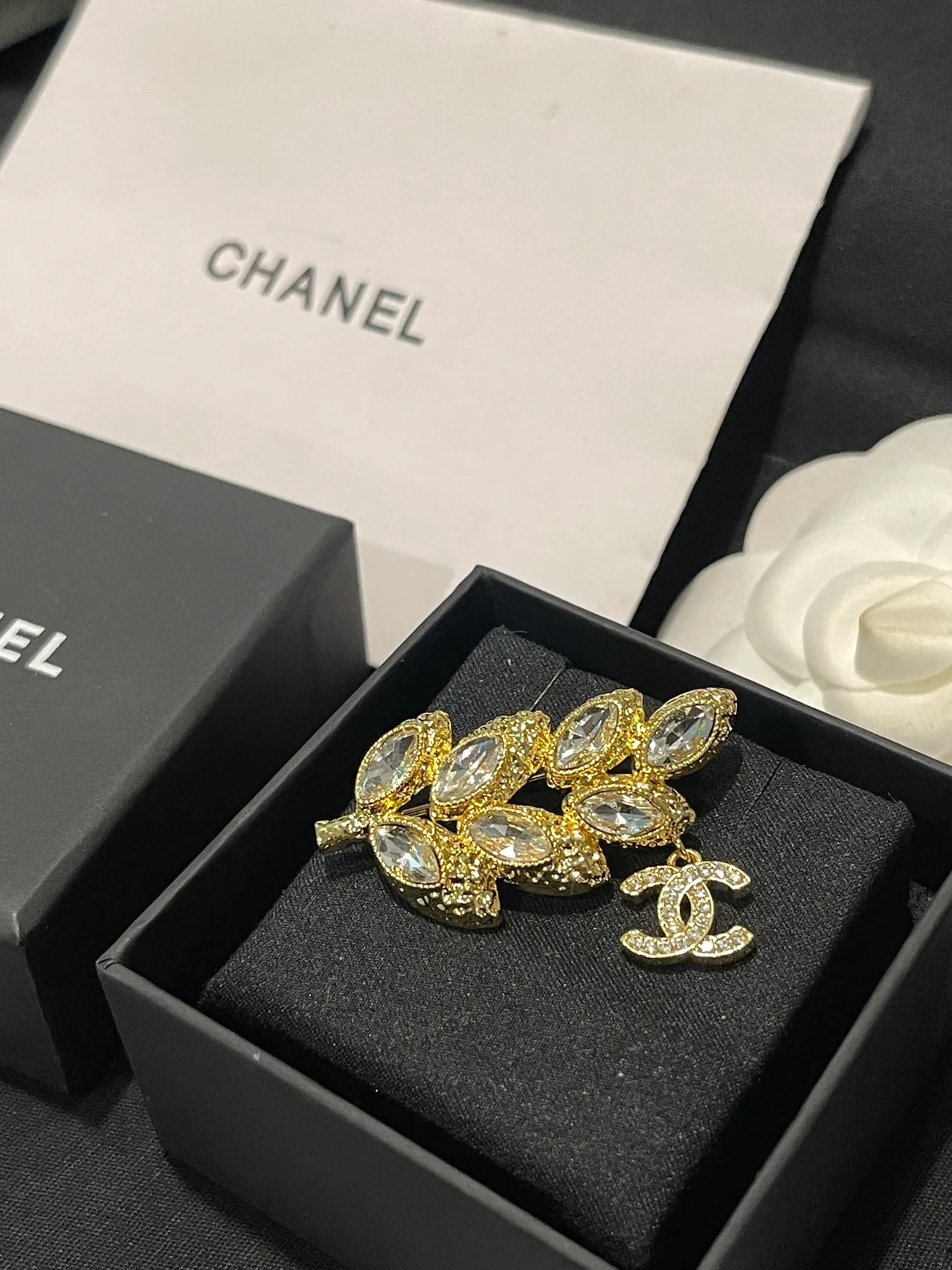 Chanel ক্রিস্টাল পাতা এবং CC Charm Brooch 5