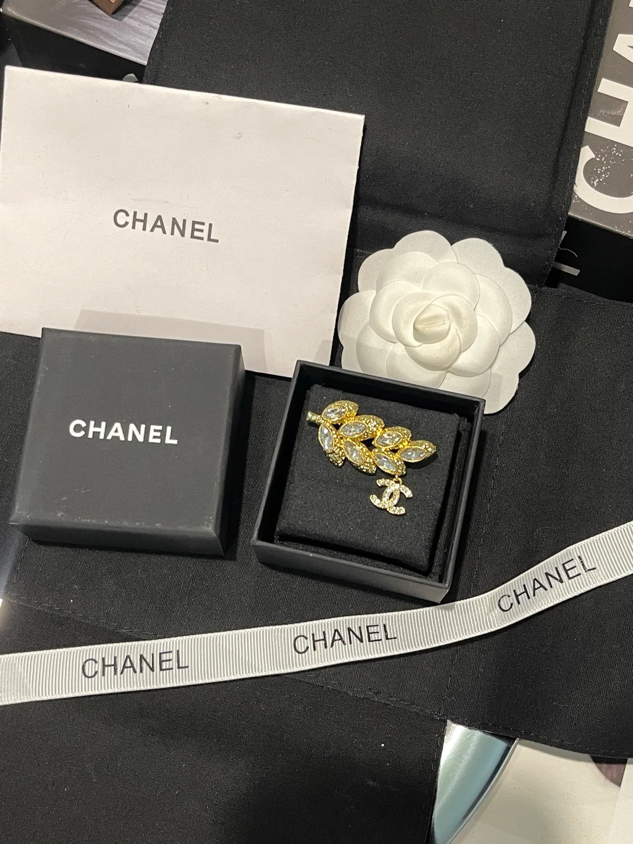 Chanel ক্রিস্টাল পাতা এবং CC Charm Brooch 7