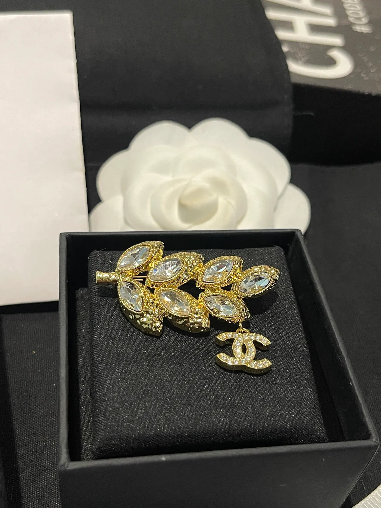 Chanel ক্রিস্টাল পাতা এবং CC Charm Brooch 8