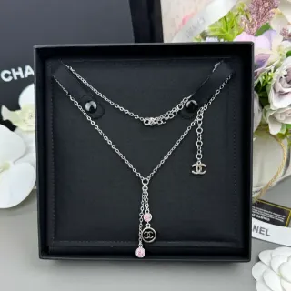 Chanel Double Chain Lariat Silver Pink Layered Drop Necklace