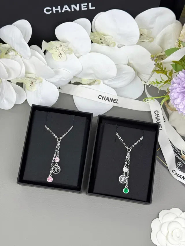 Chanel Corrente Dupla Lariat Prata Rosa Colar Gota com Camadas 3