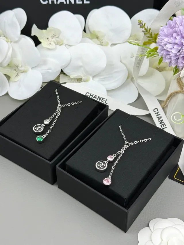Chanel Corrente Dupla Lariat Prata Rosa Colar Gota com Camadas 6