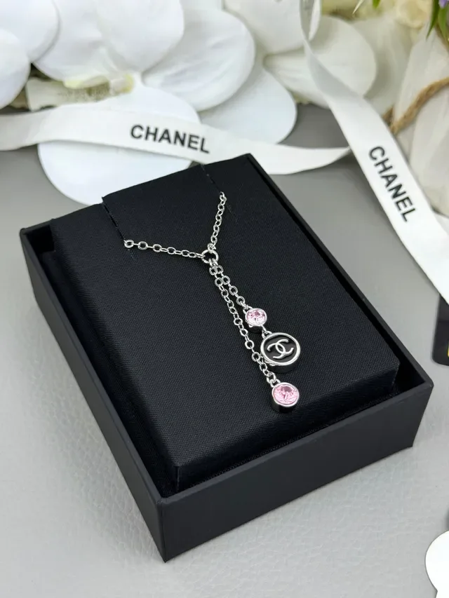 Chanel Corrente Dupla Lariat Prata Rosa Colar Gota com Camadas 7