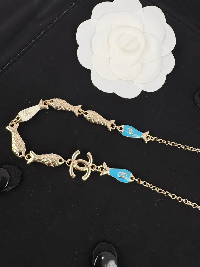 Chanel Fish Charm Gold Blue Chain Enameled Charms Bracelet 6