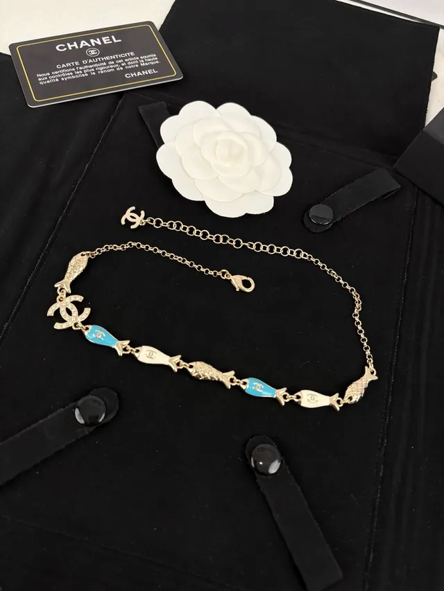 Chanel Fish Charm Gold Blue Chain Enameled Charms Bracelet 7