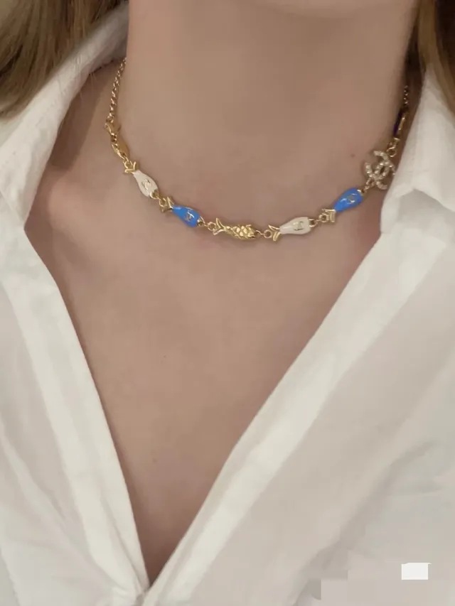 Chanel Fish Charm Gold Blue Chain Enameled Charms Bracelet 8