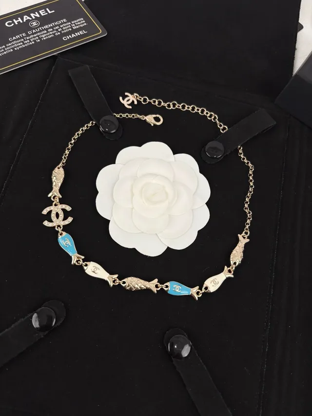 Chanel Fish Charm Gold Blue Chain Enameled Charms Bracelet 9